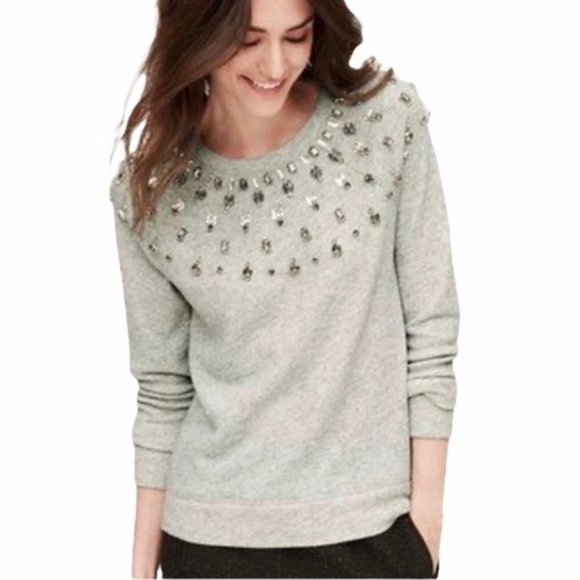 LOFT ANN TAYLOR Gray Jeweled Gray Scoop Neck Sweater Size: X-Small - Picture 2 of 7